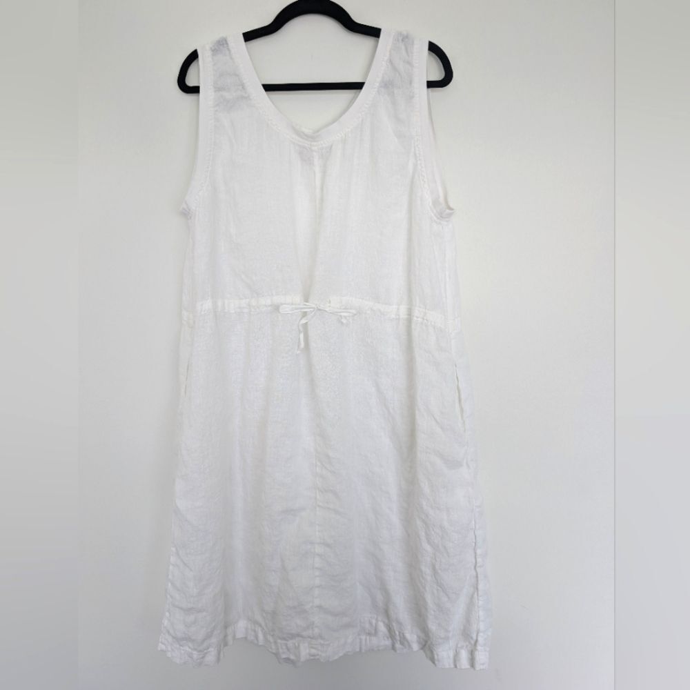 Flax 100% Linen Cinch Waist Sleeveless Midi Dress White Semi Sheer Sz M
